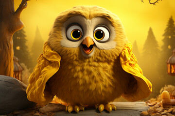 The owl wears a yellow cape on a bright yellow background