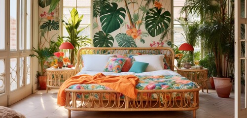 A tropical-themed bedroom with a bamboo bed frame. The bed is adorned with vibrant floral prints...