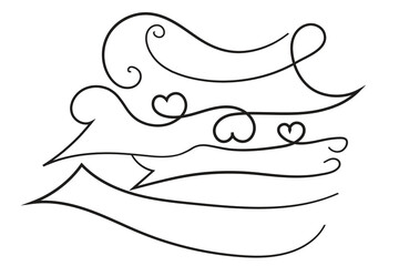 Valentine Day curly hearts style calligraphy outline ribbon, Hand drawing Calligraphic heart ribbon vector banner, Decorative hearts romantic love text banner, heart scroll Line outline ribbon