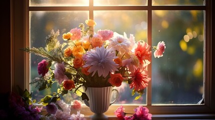 A vibrant bouquet of assorted flowers resting on a windowsill, illuminated by the warm glow of the sunset.