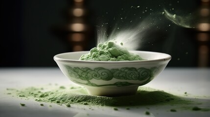 Matcha green tea powder in a bowl on white table with black background