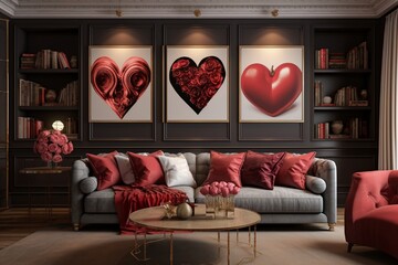A well-curated gallery wall featuring love-themed artworks, framed in elegant gold, enhancing the Valentine's Day ambiance in the room.