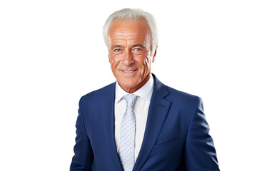 Portrait studio shot of an attractive senior businessman showing positive facial expressions, isolated on a transparent PNG background.