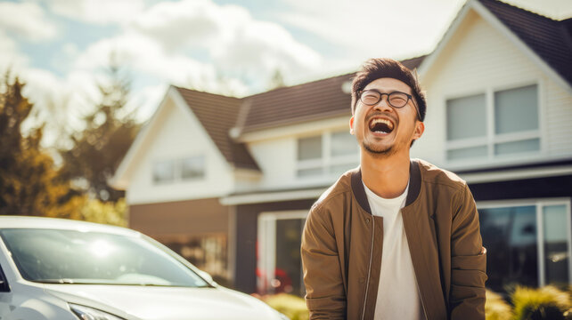 Happy Asian Man Laughing In Front Of The New House And New Future EV Electric Car At The Front Yard Background. Business Investment And Award Of Success Concept.