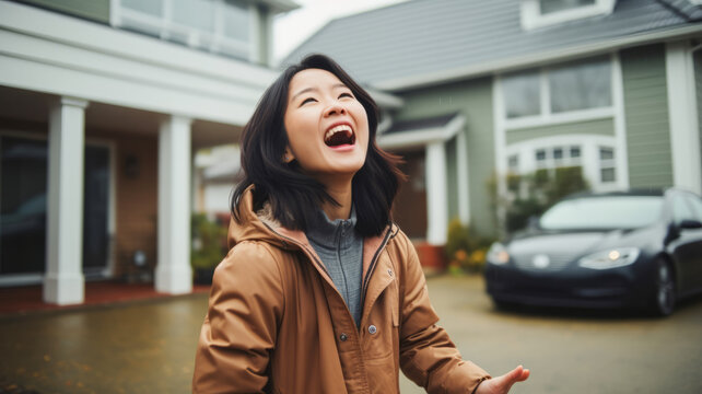 Happy Asian Woman Laughing In Front Of The New House And New Future EV Electric Car At The Front Yard Background. Business Investment And Award Of Success Concept.