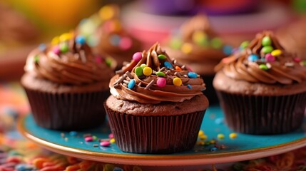Fototapeta na wymiar Chocolate cupcakes with colorful sprinkles on top, closeup