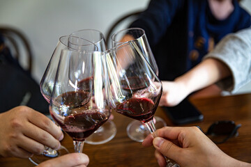 A Toast to the Good Life at a Winery with Friends Enjoying a Glass of Fine Wine