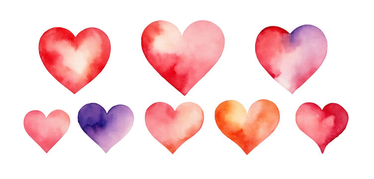 collection of hearts in watercolor design isolated on transparent background, valentines, love, heart symbols, clip art