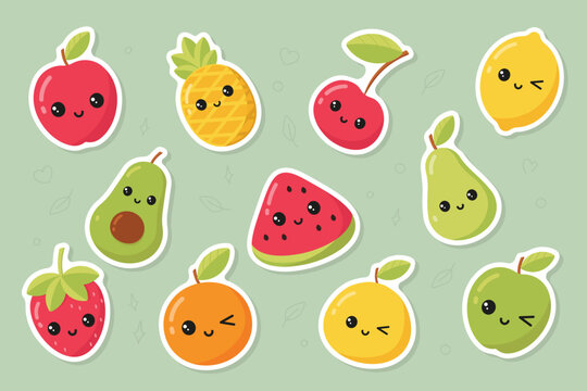 Fruit sticker pack. Cute fruits with kawaii eyes on green background.