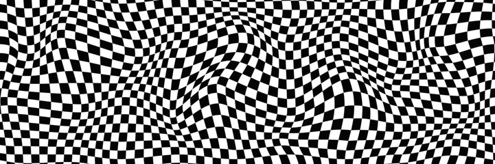Distorted vector checkered seamless pattern. Groovy twisted grid. Psychedelic dynamic banner background. Retro 70s trippy hippie wavy aesthetic chess backdrop in black and white racing flag colors - obrazy, fototapety, plakaty