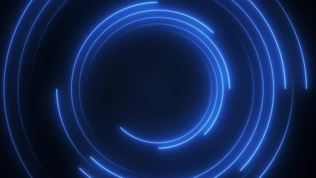 Bright neon blue spiral lines rotating abstract technology background with glowing stripes. Seamless loop. 4K footage