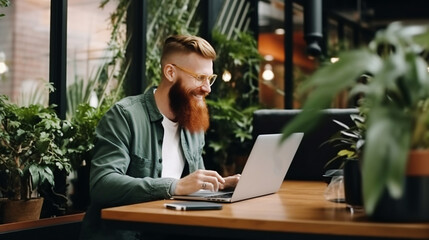 Red hair man with beard, sitting with laptop on green cafe.