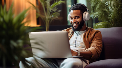 Young smiling afro male working on laptop. Man wearing headphones for listen music and sitting puffs. - obrazy, fototapety, plakaty
