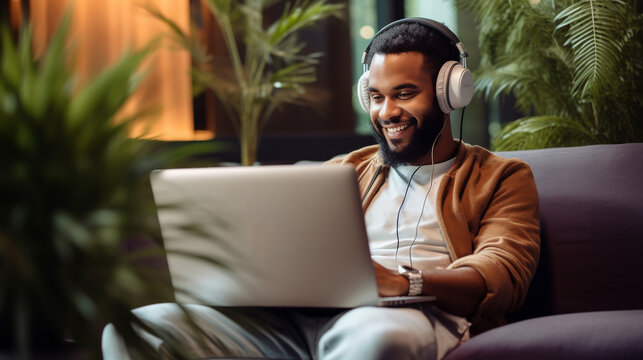 Young Smiling Afro Male Working On Laptop. Man Wearing Headphones For Listen Music And Sitting Puffs.