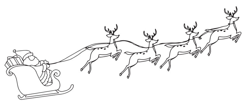 line art of deer pulling santa sleigh.