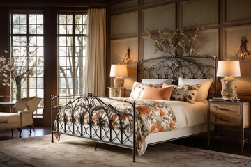 French country-inspired bedroom featuring a wrought iron bed frame, floral patterns, and rustic wooden accents creating a charming ambiance.