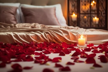 Obraz na płótnie Canvas Fresh red rose petals scattered on a cozy, neatly made bed in soft lighting. Rose petals leading to a heart-shaped arrangement in the center.