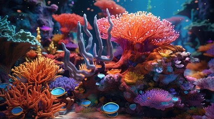 Naklejka na ściany i meble Underwater scene with corals and tropical fish. 3d render