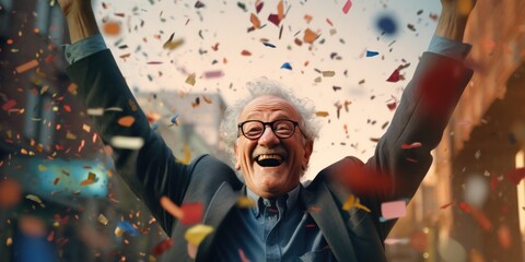 retired man celebrates with confetti, generative AI