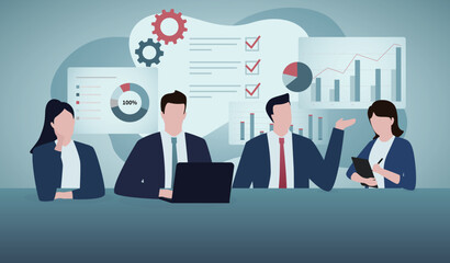 Business team members with laptop discussing project at their workplaces. Communication of business people. Can be used for workflow, teamwork, cooperation, collaboration concept.