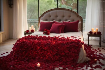 Rose petals meticulously placed on a bed, forming a graceful heart design, evoking a sense of love and tenderness in the air.