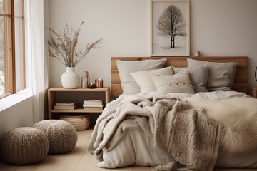Scandinavian-inspired bedroom showcasing clean lines, neutral tones, and cozy textiles such as faux fur throws and knitted cushions.