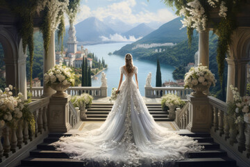 Back view of lonely bride on the high castle garden with mountain and sea landscape background. Single bride waiting for groom or bridegroom in the indoors park with marble column luxury church. - obrazy, fototapety, plakaty