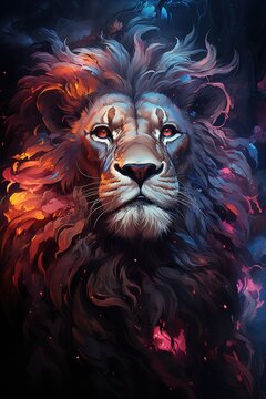A image of lion head. with neon lights red eyes. wallpaper concept. Generative AI