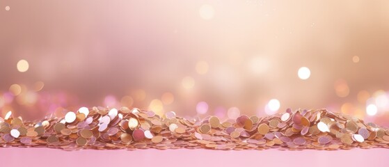 Glittering golden sequins on pastel backdrop for festive occasions. Luxury and celebration.