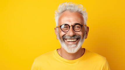 Beautiful and happy blond hair senior man looking at camera isolated on yellow background
