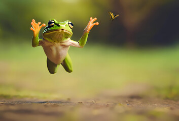 A cute green frog is jumping joyfully and trying to catch a butterfly