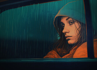 Looking out rainy car window, melancholic illustration