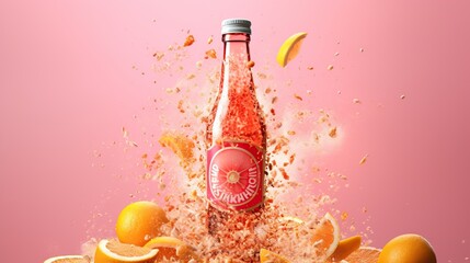 Bottle of fresh grapefruit juice with splashes on color background - obrazy, fototapety, plakaty
