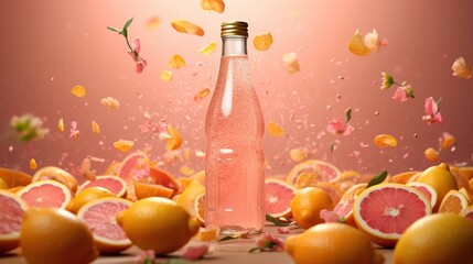 Bottle of fresh grapefruit juice with splashes on color background