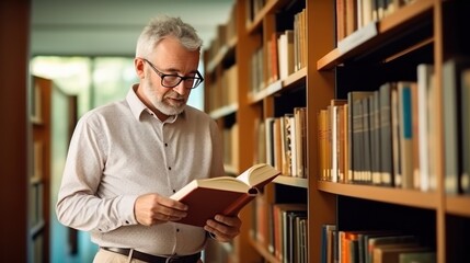 Senior Caucasian man university lecturer in glasses reads book repeating material to preach subject to students in dark library. Professor studies material gaining experience in educational