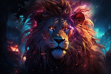 A picture of lion head with neon lights red eyes wallpaper concept Generative AI
