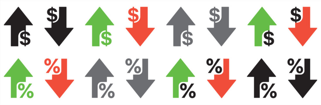 Increase and decrease percentage and dollar icons. Dollar exchange rate up, rate down. Percent with arrows up and down. Arrow with percentage icon.  Vector illustration.
