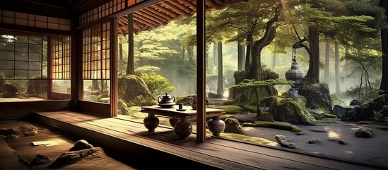 Japanese garden in a japanese house. 3D rendering - obrazy, fototapety, plakaty