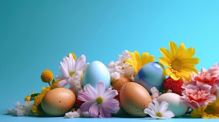 Obraz na płótnie Canvas Blue easter eggs and spring flowers on blue background. 3d illustration