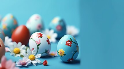 Blue easter eggs and spring flowers on blue background. 3d illustration - obrazy, fototapety, plakaty