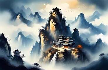 カラー水墨画風渓谷と寺のある風景