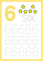 Flashcard number and text 6 six with dots for children. For preschool years and kindergarten kids learning numbers, to count and trace. Education worksheet Printable A4 size