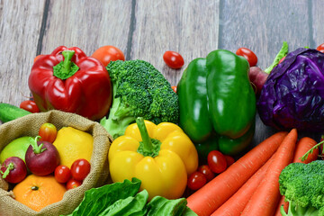 Healthy food background, healthy vegetarian food in paper bags, fruits and vegetables, banner copy space, supermarket shopping, food and clean vegetarian diet concept, organic fruits and vegetables co