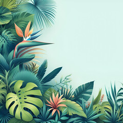 Fototapeta na wymiar Fresh Exotic Jungle Background with Copy Space. Border Made of Tropical Leaves & Flowers. Watercolor For Summer Vibes Greeting Cards, Posters, Banners, Placards Cafe, Coffee Shop Hawaii Bar Restaurant