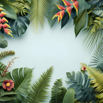 Fresh Exotic Jungle Background with Copy Space Menu Border Made of Tropical Leaves & Flowers. Watercolor For Summer Vibes Greeting Cards Posters Banners Placards Cafe Coffee Shop Hawaii Bar Restaurant