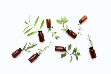 Fresh herbs with essential oil bottles on white background.