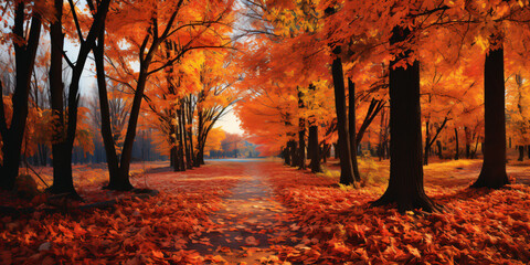Road lined with vibrant red and orange trees glowing in the warm autumn sunlight. The leaves are falling from the trees, creating a colorful, picturesque scene.