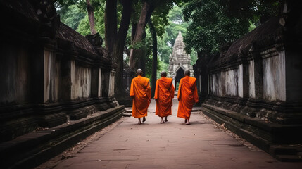 Monks walks in small alley to return to the temple