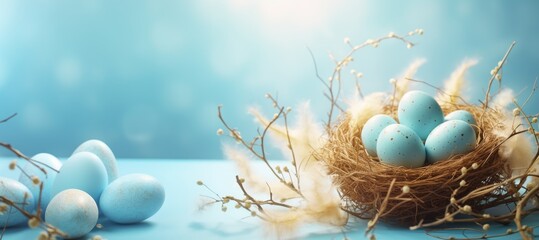 Easter card. Blue speckled eggs in a nest on a blue background. Banner