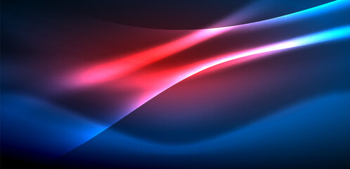 Fototapeta premium Dynamic waves in ethereal glow of neon lights. Concept merges fluidity of motion with vibrant allure of neon, crafting entrancing backdrop that embodies both vitality and futuristic sophistication